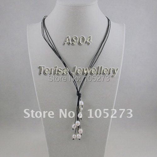 New Free Shipping A904# Grade AA White Color 8MM Pearls Leather String Necklace Natural Fresh Water Pearls Necklace HOT SALE