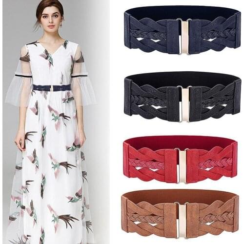 Women Elastic Vintage Wide Waist Belt Buckle Fashion Wild Pin Buckle Ladies Black Red Braided Waist PU Leather Belt Dropshipping