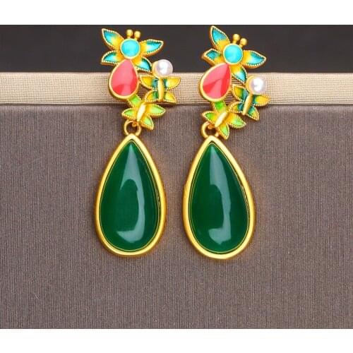 Ethnic Style Earrings Cloisonne Retro Court Dangle Earrings Fashion Temperament Water Drop Shaped Gemstone Earrings