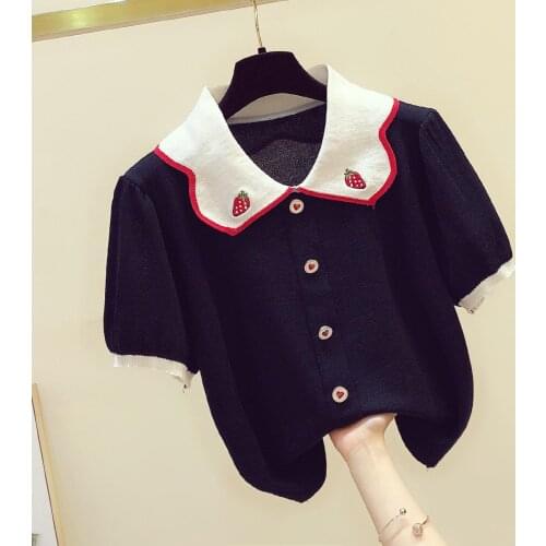 Fashion Harajuku strawberry embroidery sweater 2021 summer casual basic button short sleeved knitted sweater women clothes