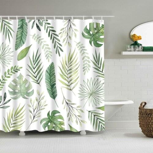 Tropical Plant Green Palm Leaf Shower Curtain Fashion Bath Accessories with 12 Hooks Waterproof Polyester Fabric Bathroom Decor