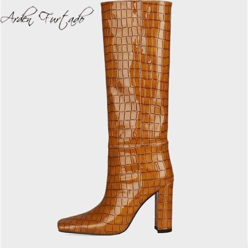 Arden Furtado 2021 Winter Fashion Boots Elegant Chunky Heels Block heels Slip on Square Head Ladies Shoes burgundy boots 41 42