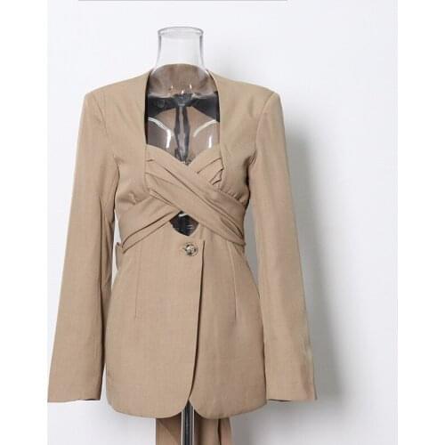 Sexy Criss-cross Strap Hollow-out Women Suit Blazer One Button Elegant Long Sleeve Blazer Top