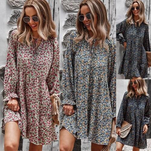 Autumn Women Dress Beach Vocation Style Print Full Sleeve 3 Colors Casual Winter Female Vestido OL Femme Party Robe C3031