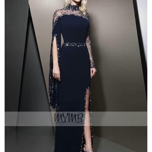 Stylish Elegant Evening Outfit Jersey High Neck With Sleeves Split Beaded Evening Gown For Big Women Floor Length