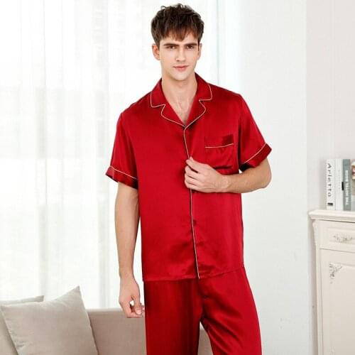 100% Mulberry Silk Men Pajama Sets Noble Notch Collar Short Sleeves Top with Full-Length Pant with Elastic Waist Pajamas sp0141