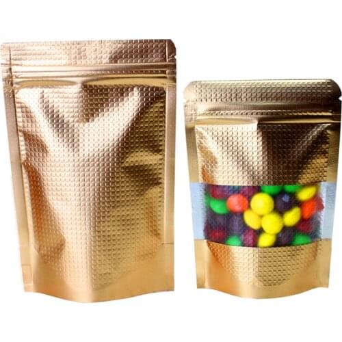 1000Pcs Gold with Window Stand Up Aluminum Foil Lines Self Seal Food Storage Doypack Coffee Tea Snack Party Pouch Bag