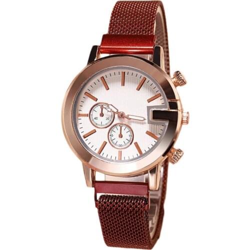 40%HOT Women Round Sub Dial Mesh Band Magnetic No Number Analog Quartz Wrist Watch