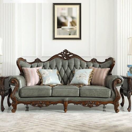 American high end sofa combination living room classic European solid wood leather sofa carved retro sofa
