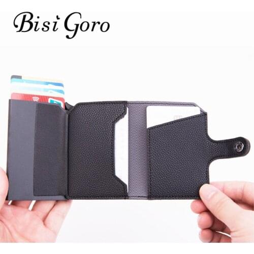BISI GORO Anti-theft Men Wallet RFID Blocking ID Credit Card Holder Leather Metal Business Card Case Card Wallet Dropshipping