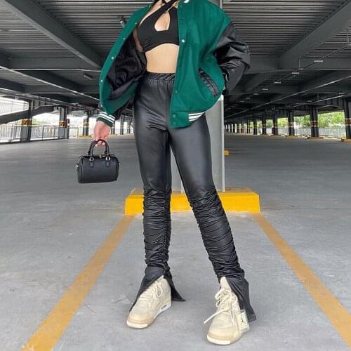 Puloru Fashion High Waist Black PU Leather Pants Womens Slim Fit Split Hem Stacked Trousers Fall Spring Streetwear Bottoms