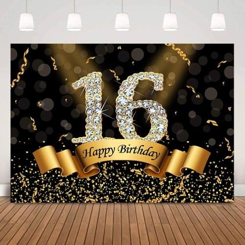 Sweet 16th Birthday Backdrop Black Bokeh Happy Birthday Party Background Decorations Glitter Diamond Gold Dots Bunting Photocall