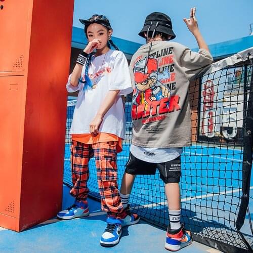 2021 Jazz Dance Costumes For Kids ChildrenS Day Modern Dance Hip Hop Clothes Short Sleeved Plaid Pants Rave Clothes DQS7032
