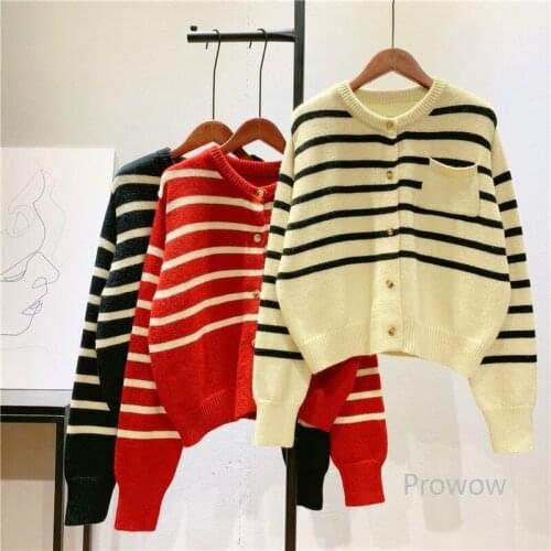 Literary Striped Cardigan Women Cardigan Crop Top 2021 Spring Autumn Short Knitted Jacket Korean Students Outwear Sweater Coat