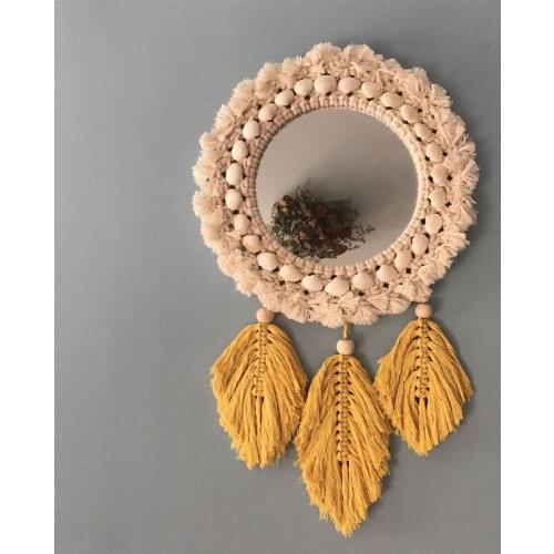 Macrame Wall Mirror Taperstry Decor with Shell Leaf Decorativos Makeup Bath Room Feather Tapestry Mirror Wall Boho Decor