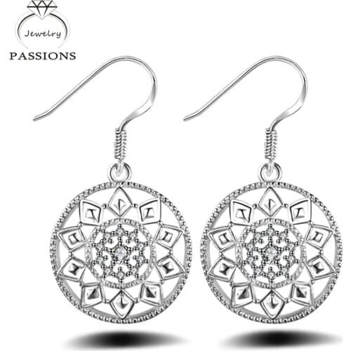 Newest Bohemian Exquisite Round Drop Earrings Maxi 925 Sterling Silver Sun Flower Pendant Earings For Women Earring Jewelry Gift
