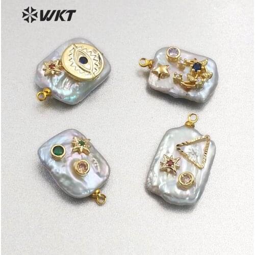 WT-MP134 Natural Freshwater Pearl&CZ Pave Pendant Rectangle Shape With Micro Pave Triangle Star Evil eye Charm Pendant