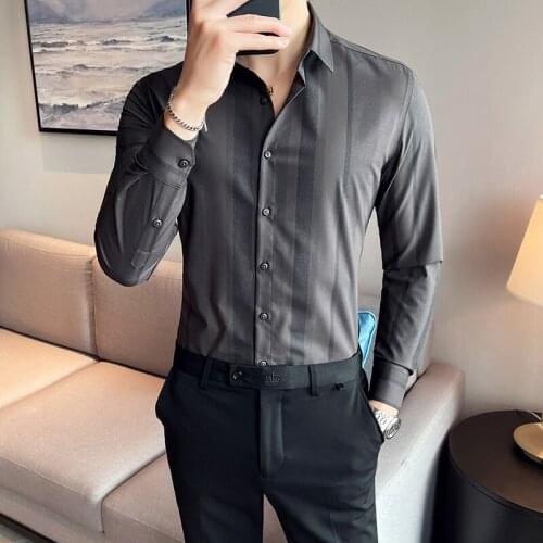 2021 British Style Striped Casual Shirts for Men Long Sleeve Slim Formal Dress Shirt All-match Streetwear Social Male Clothing