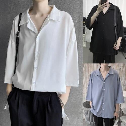 60%HOTMen Casual Comfortable Turn Down Collar Solid Color 3/4 Sleeve All Match Shirt