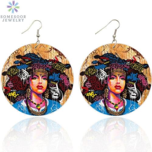 SOMESOOR Black Queen Graffiti African Wooden Drop Earrings With Positive Words Afro Natural Hair Dangle Jewelry For Women Gifts