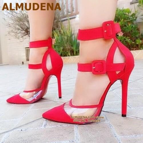 ALMUDENA Transparent PVC Patchwork High Heel Shoes Square Buckle Strap Caged Dress Pumps Red Pink Pointed Toe Wedding Heels