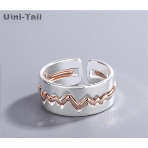 Uini-Tail new design 925 sterling silver heartbeat electrograph two-in-one couple ring fashion personality simple dynamic trend