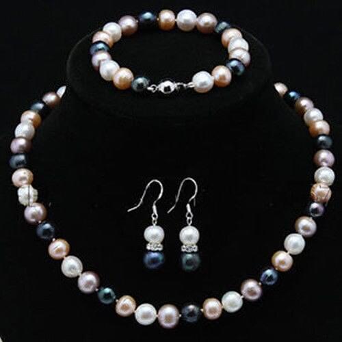 Hot sale new Style >>>>Genuine Multi Color Pearl Necklace Bracelet Earrings Set Cultured Freshwater 3pc