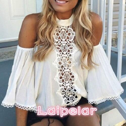 Halter White Lace Women Blouse Shirt Summer Off Shoulder Hollow Out Blouse Top Female Elegant Flare Sleeve Blouse Blusas