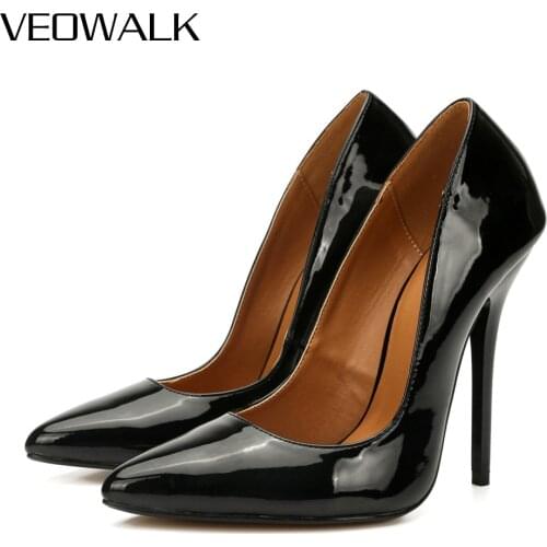 Veowalk 13cm Extremely High Heel Women Patent Leather Stiletto Pumps Plus Size 37-48 Drag Queen Crossdresser Shoes Black Red