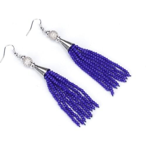 New Boho Dark Royal Blue Glass Beads Tassels Silvery Cap White CZ Round Balls Charms Long Dangle Tassels Earring For Women