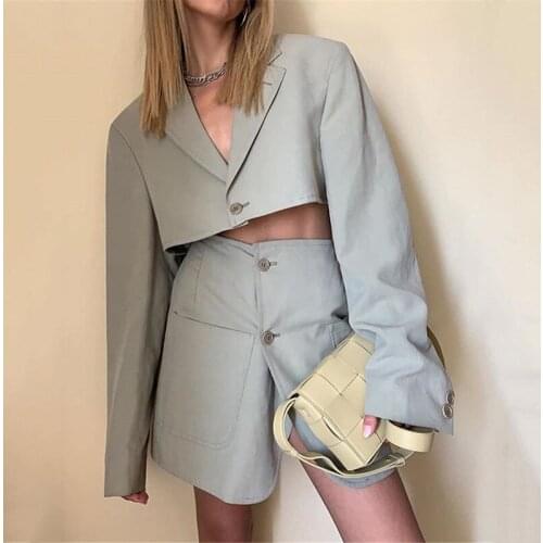 Spring Autumn New Women Fashion Long Sleeve Single Button Short Blazer Coat+Irregular Spilt Mini Skirt Two Piece Set Casual Suit