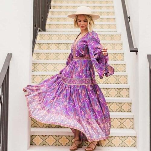 Super Chic Purple Floral Dress Women V-neck Long Sleeve Dress Maxi Chic Gypsy Boho Dress 2020 Summer Dress New Vestidos