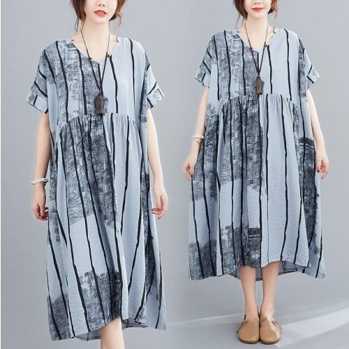 2021 New Arrival Short Sleeve Loose Summer Dress Tie Dye striped Print Soft Cotton Linen Holiday Travel Casual Women Midi Dress