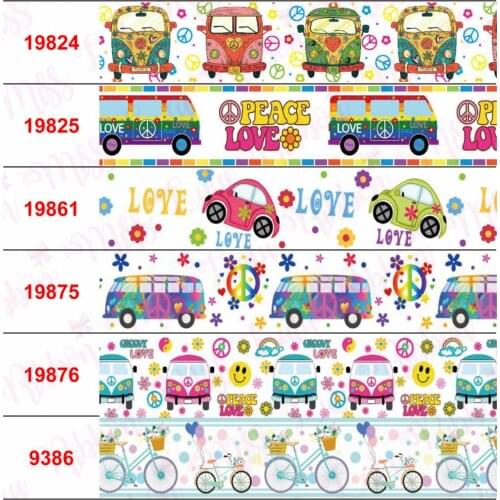 16mm-75mm Cartoon Car Peace and Love Bike Space Astronaut Printed Grosgrain/Elastic Ribbon DIY Hair Bowknots 50yards/roll