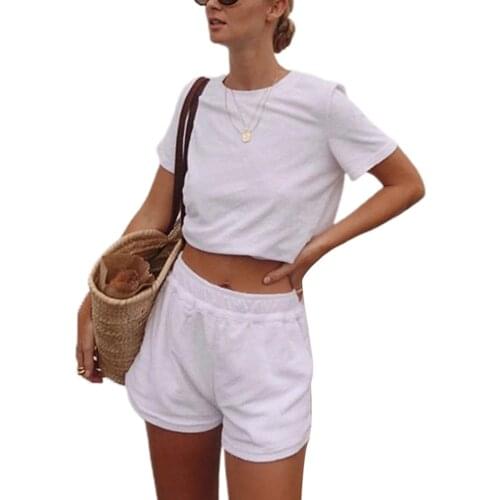 2 Pcs Women Solid Color Pajamas, Adults Short Sleeve Round Neck T-shirt + Shorts with Pockets Female Sleepwear