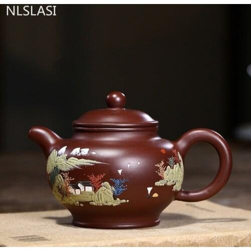 Authentic Yixing Tea Pot Mud Painted Landscape Purple Clay Teapot Raw ore Beauty Kettle Chinese Tea Ceremony Customized 290ml