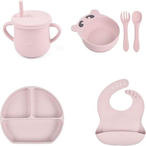 GXMB 6 Pcs Baby Silicone Bib Divided Dinner Plate Sucker Bowl Spoon Fork Straw Cup Set Training Feeding Food Utensil Dishes Kit
