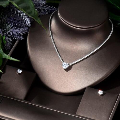 HIBRIDE Romantic Love Heart Shape Chain Link Green Cubic Zirconia Women Party Costume Necklace Earrings Jewelry Set bijoux N-471
