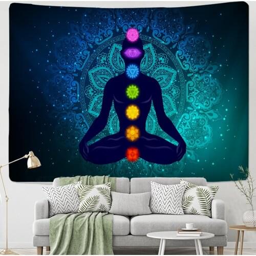 Indian Buddha Statue Meditation 7 Chakra Tapestry Wall Hanging Mandala Tapestries Wall Cloth Psychedelic Yoga Carpet Boho Decor