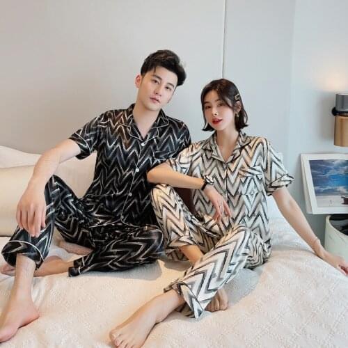JRMISSLI Designer Pajamas Couple Short Sleeved Sleepwear Set Silk Pajamas for Women Sleep Top Pants Women Pajamas Set Pijamas