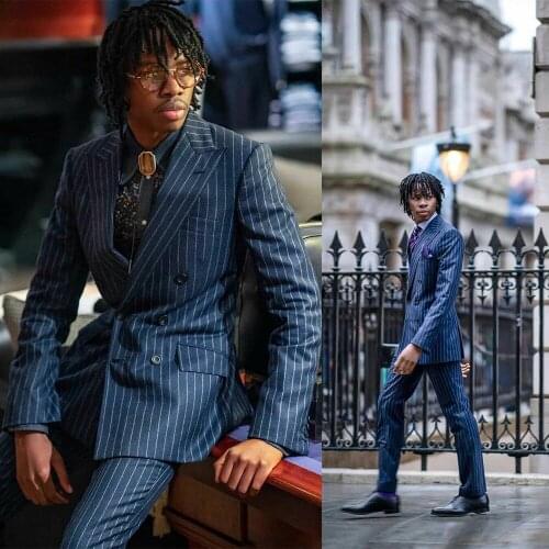 Smart Casual Mens Suits Slim Fit Striped Prom Tuxedos Classic Business Jacket Wedding Party Prom Coat 2 Piece