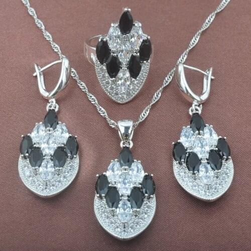 Noble Black Zirconia Jewelry Set For Women Wedding Silver Color Ring Necklace And Earrings Set TZ0591