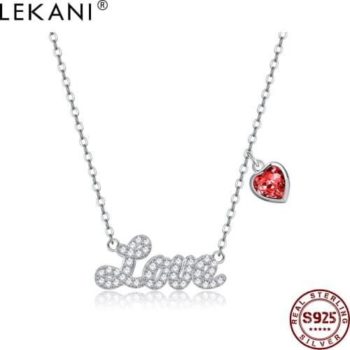 LEKANI Sterling Silver 925 Jewelry Womens Necklace Heart Austria Crystal Letter LOVE Pendant Necklaces Romantic Engagement Gift