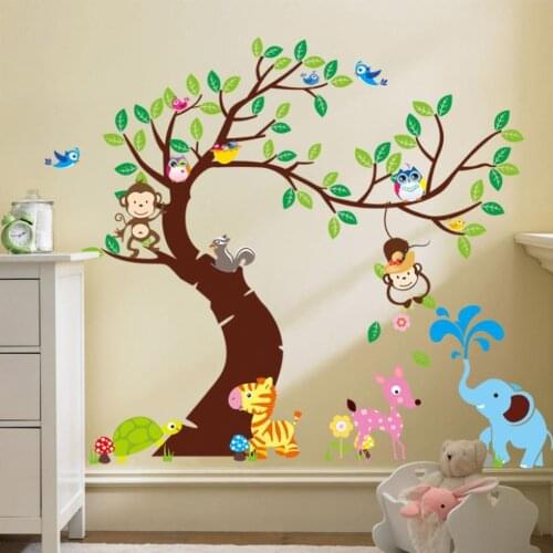 Forest Animals Tree wall stickers for kids room Monkey owl Jungle wild Wall Decal Baby Nursery Bedroom Decor Poster Mural 1piece