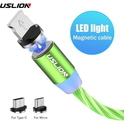 USLION Magnetic Cable Fast Charging Flowing Light flashlight Magnet Micro USB Type C Cable For Samsung S10 LED Wire Cord Charger