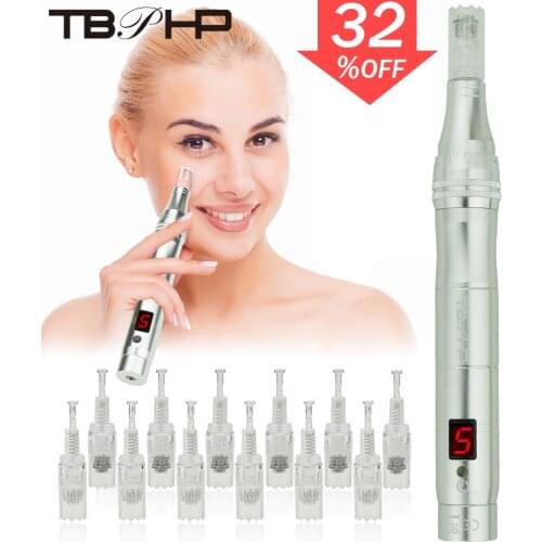 TBPHP M1 Derma Pen Microneedling Pen,LCD Display, 5 speed silent,With 12 pcs Microneedle Cartridges(2 color)