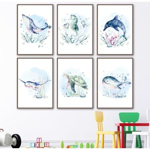Marine life Whale shark dolphin turtle Nursery Wall Art Print Canvas Painting Nordic Poster Wall Pictures Baby Kids Room Decor