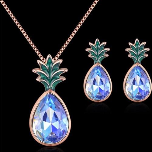 Pineapple Shape Rhinestone Pendant Ear Stud Earrings Necklace Women Jewelry Set