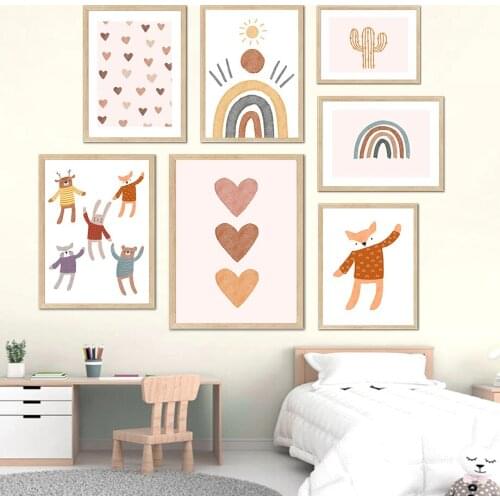 Rainbow Sun Heart Cactus Fox Bear Boho Cartoon Wall Art Canvas Painting Nordic Posters And Prints Wall Pictures Kids Room Decor
