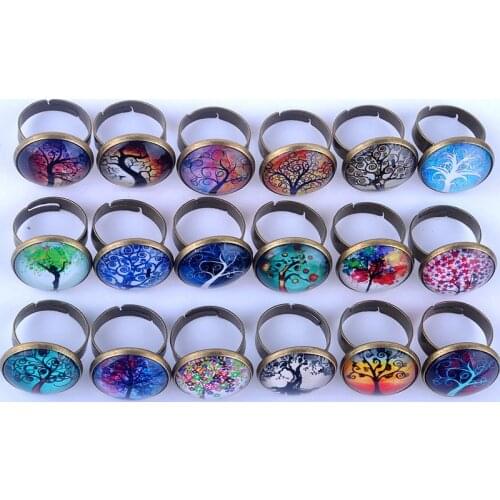 18pcs/lot) New 18mm Life of Tree Glass Cabochon Vintage Ring Antique Bronze Plated Rings for women Jewelry Adjustable XY160008